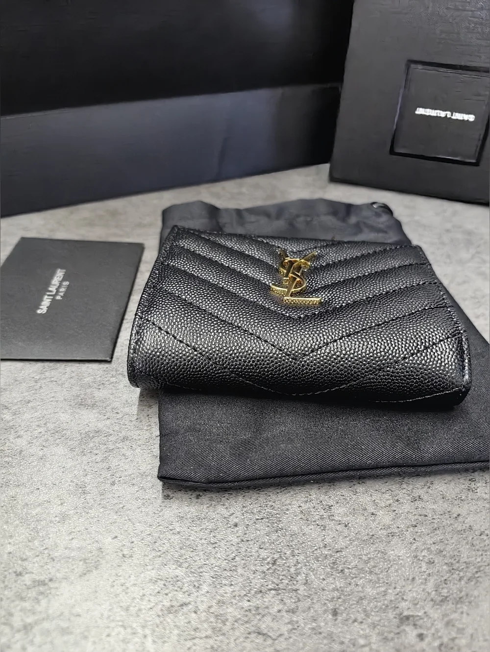 Saint Laurent Black Quilted YSL Logo Wallet with Gold Hardware